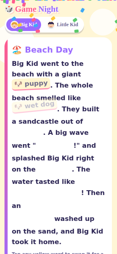 A finished Silly Stories mad lib